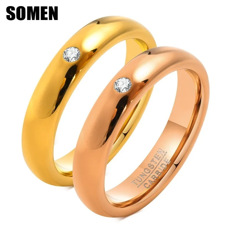 Somen 4mm 18k Gold Plated Tungsten Rings For Women Men Wedding Bands Zirconia Engagement Couple Ring Anniverary Jewelry Gift