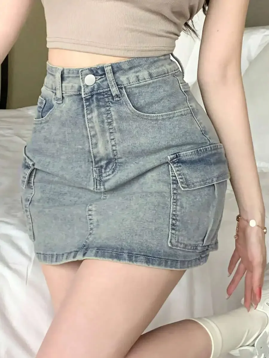 

High-Waisted Distressed Pocket Denim Mini Skirt with Cargo Details