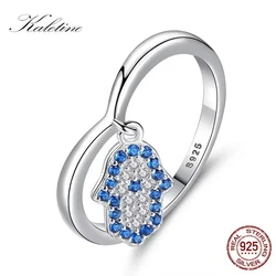 KALETINE 925 Sterling Silver Ring Blue Eye Hamsa Hand Fatima Pendant Evil Eye Rings For Women CZ Heart Ring Wedding Jewelry