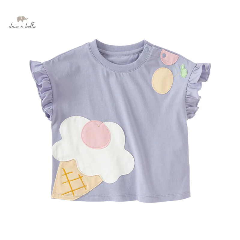 Dave Bella 2024 New Summer Girl\'s Baby T-Shirt Children Thin Top Cotton Short Sleeves Casual Fashion Sport Undershirt DB2240564