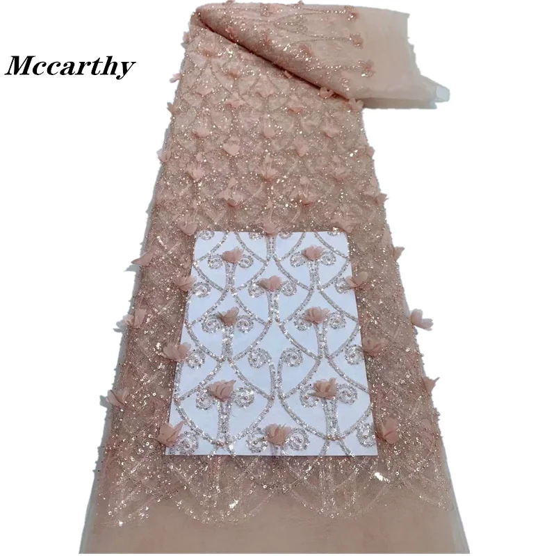 

High Quality Fashion African Sequins Tulle Embroidered Groom Lace Fabric Beaded Sequins Lace Fabric For Nigerian Wedding Dress