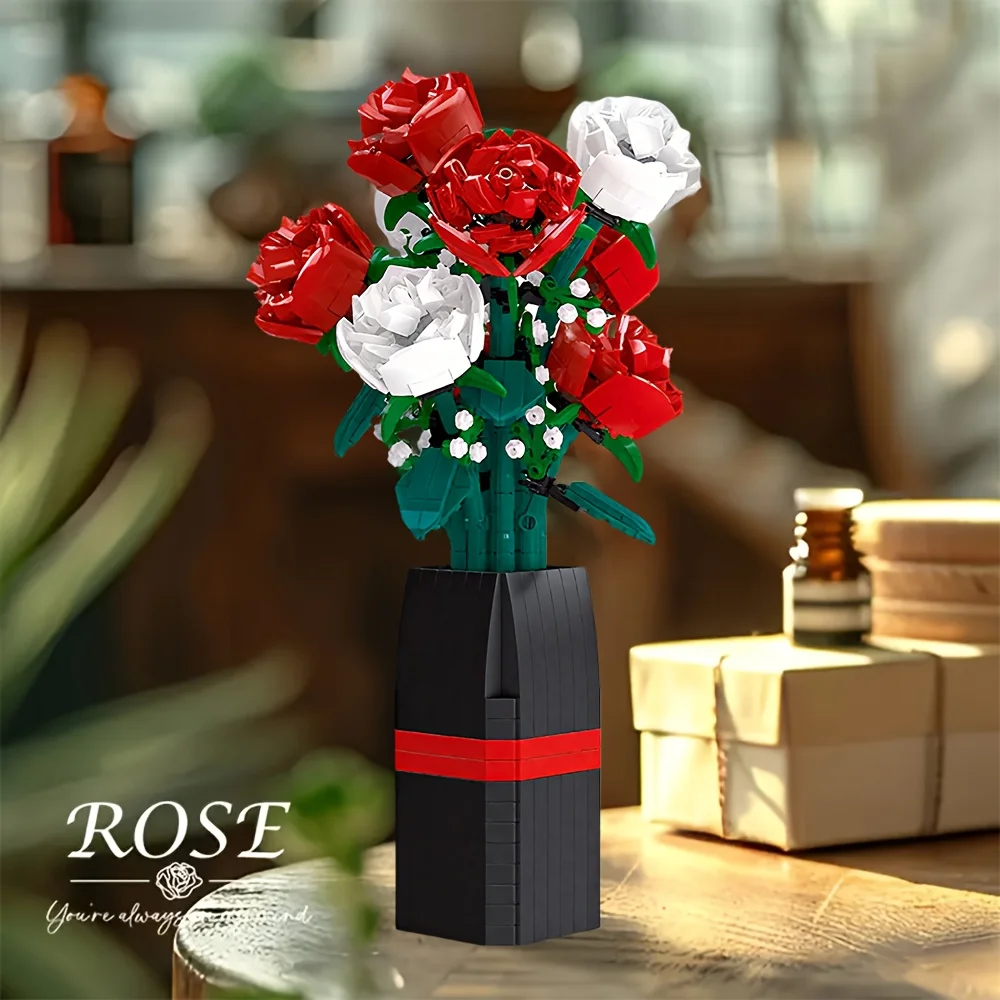 

Цветочные строительные блоки, домашний декор, композиция с розами, подходящий подарок на День святого Валентина, Рождество, Хэллоуин, дни рождения и фестивали