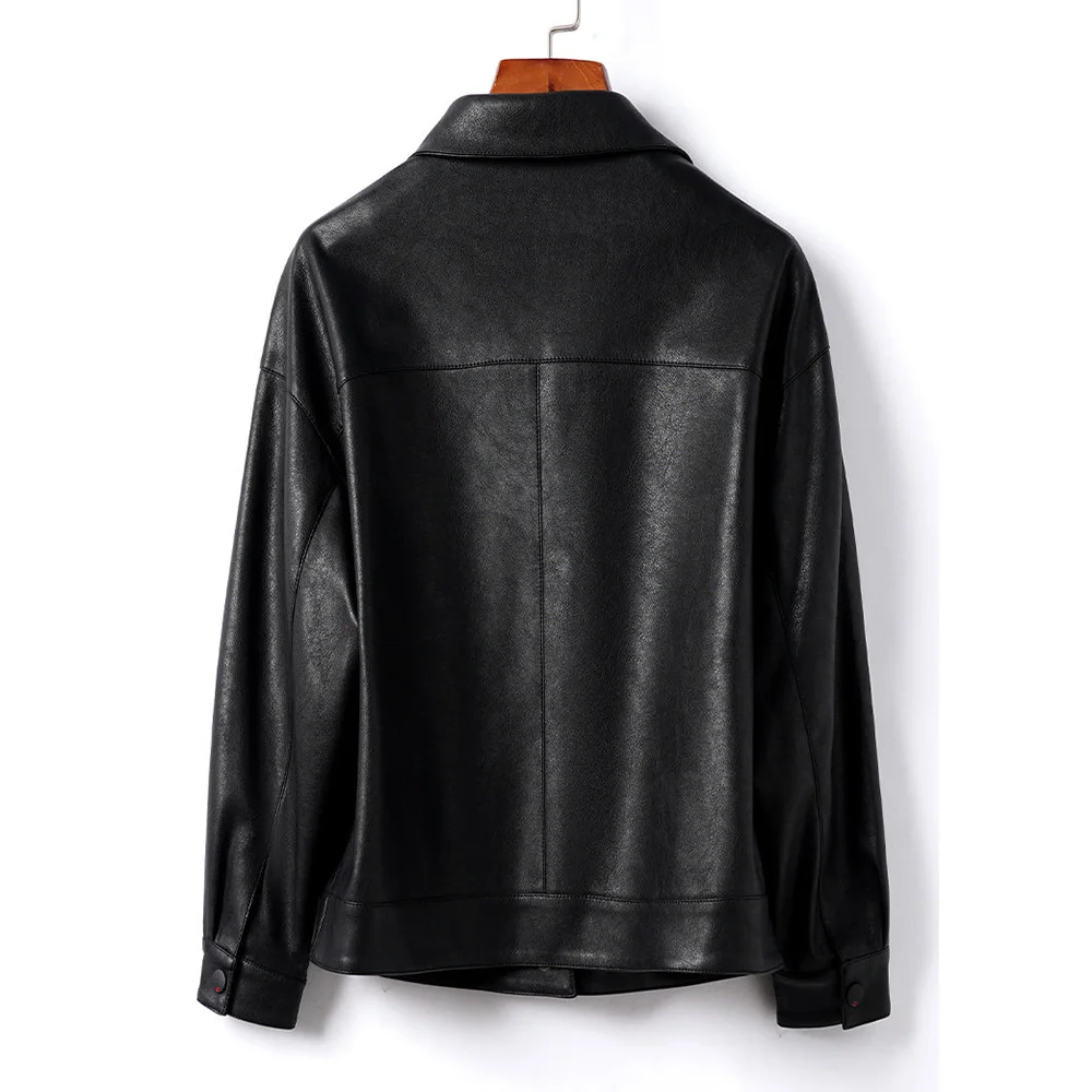 New Women Casual Split Leather Jacket Spring Autumn Fashion Turn-down Collar Single Breasted Loose Coat Daily Short Leather Coat