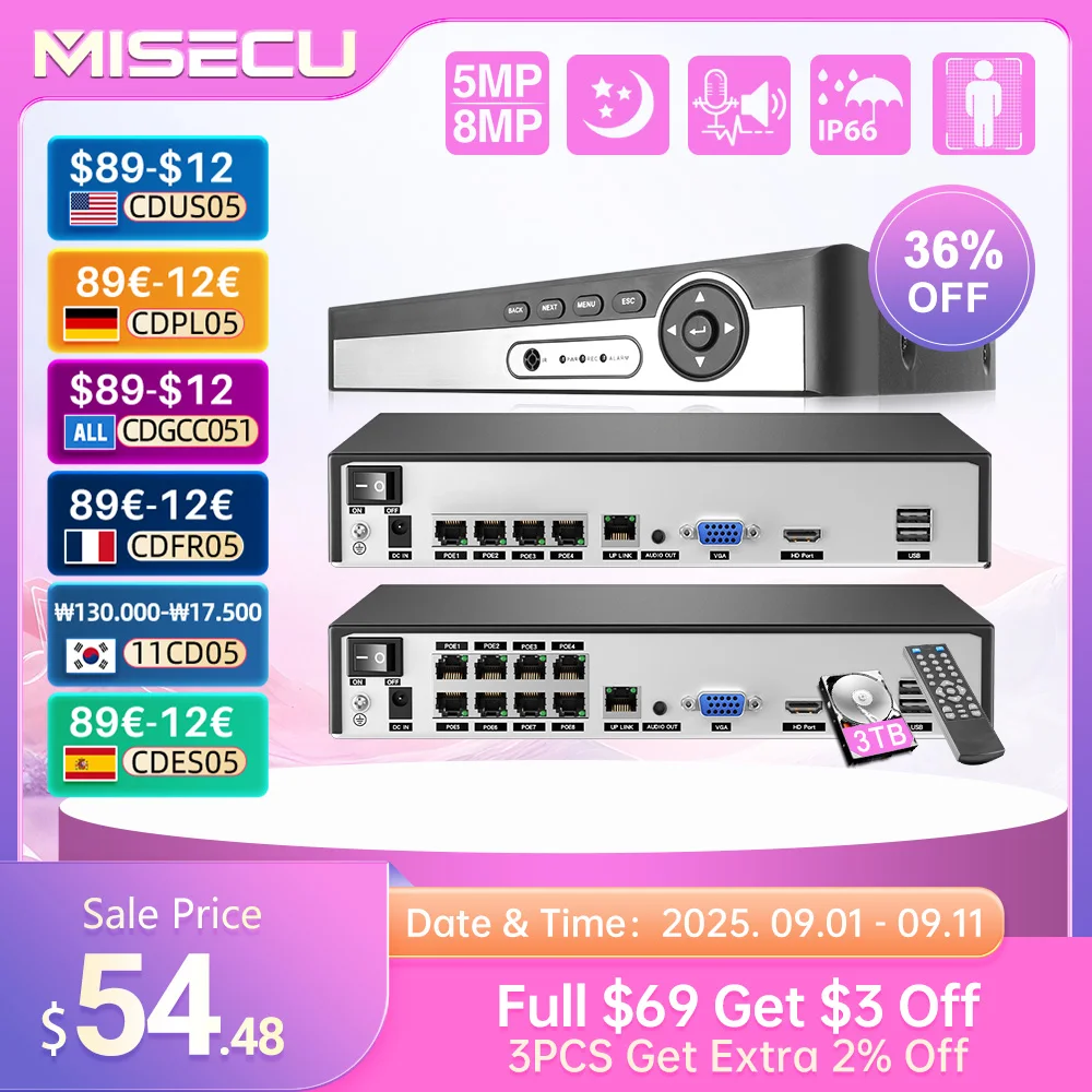 

Сетевой видеорегистратор MISECU, H.265, 4 канала, 8 каналов, 1080P, 5 Мп, 8 Мп, 4K