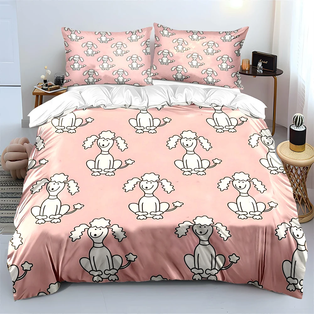 Cartoon poodle on pink background Print Bedding Set 1 Duvet Cover 2 Pillowcases for Adult and Children Luxury Gift Full Size