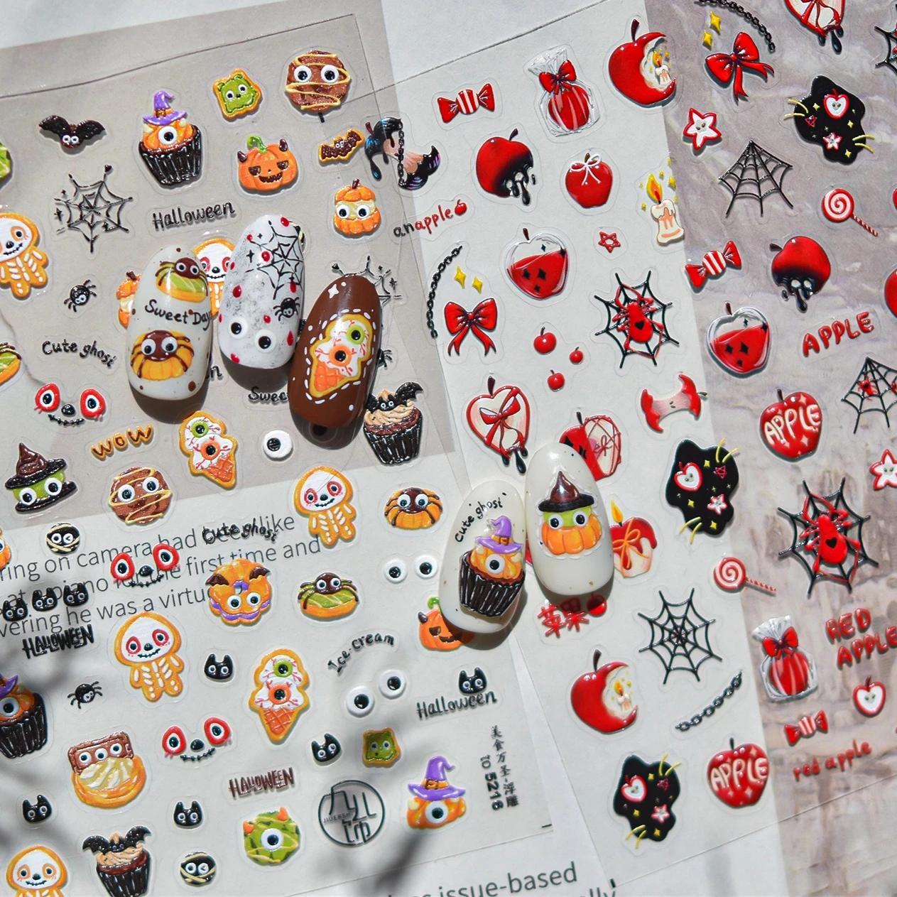 

Blood-red Apple Ghost Heart Eyes Candy Food Fruits Skeleton Pumpkin Terror Halloween Moon Bat Spider Web Nail Art Stickers Decal