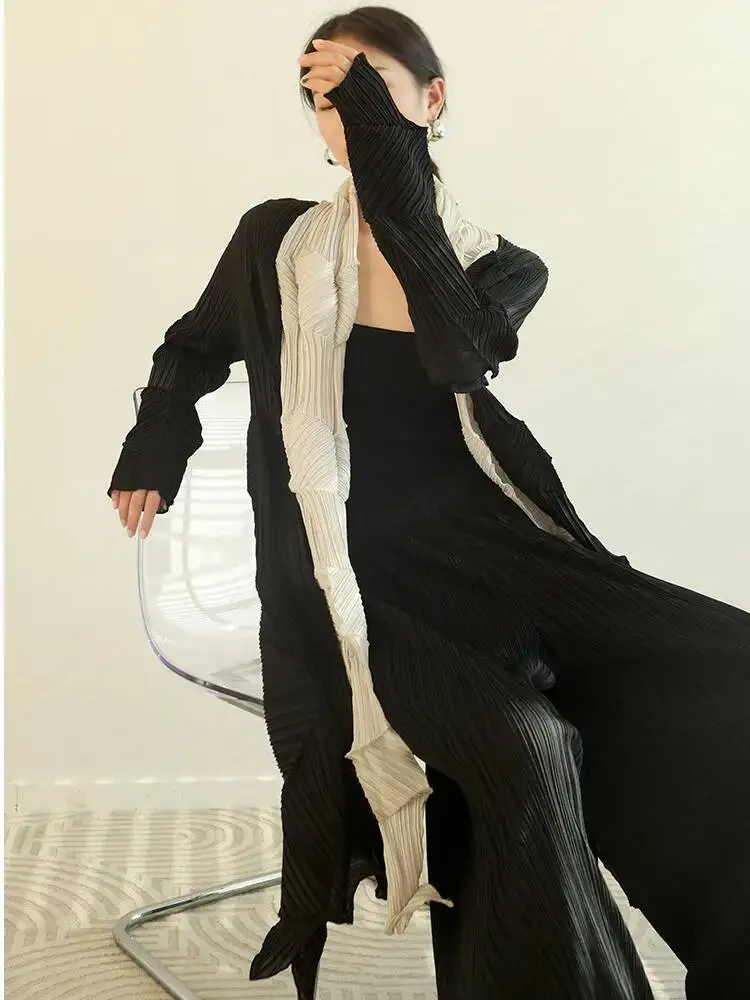

Pleated Trench Coat Women Fashion Laple Color Block Full Batwing Sleeve Loose Open Stitch New 2026 Outwear Clothing 17GJ39H