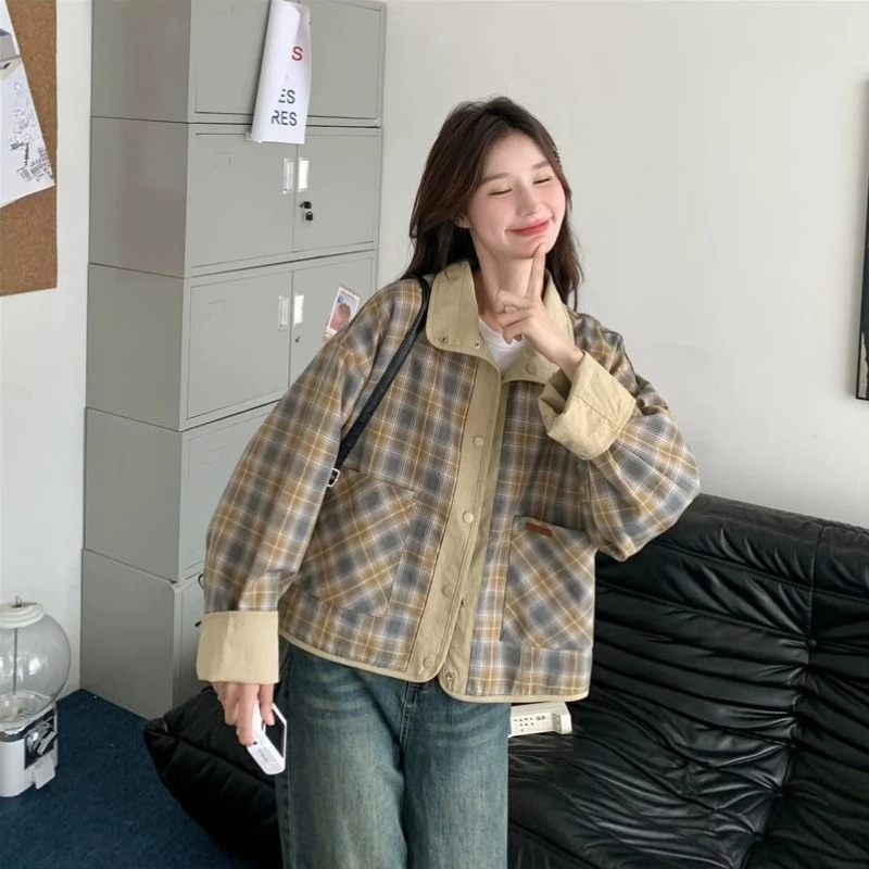 

Женская двусторонняя короткая куртка в корейском стиле весна-осень 2025 года, модная клетчатая куртка в стиле Харадзюку, универсальная облегающая верхняя одежда