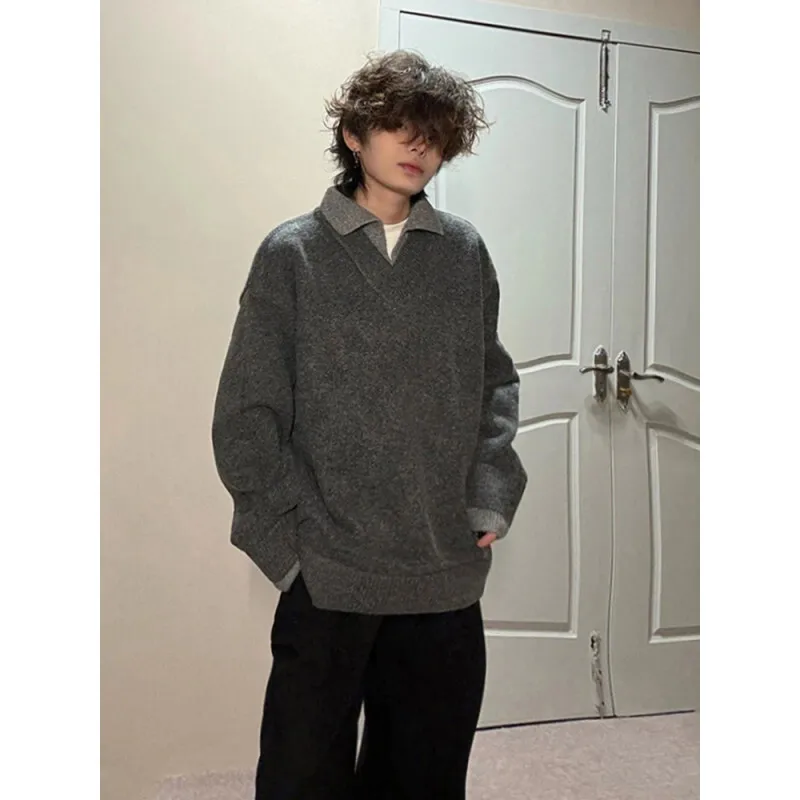 Winter Lapel Sweater Men Warm Fashion Casual Knitted Pullover Men Korean Loose Long Sleeved Sweater Mens Jumper Clothes M-2XL