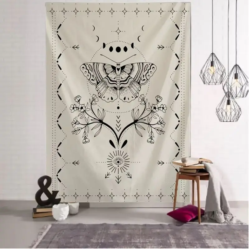 VIKAMA Moth Moon Phase Sketch Wall Hanging Tapestry for Living Room Dorm Aesthetic Soft Hippie Boho Retro Trendy Home Decor