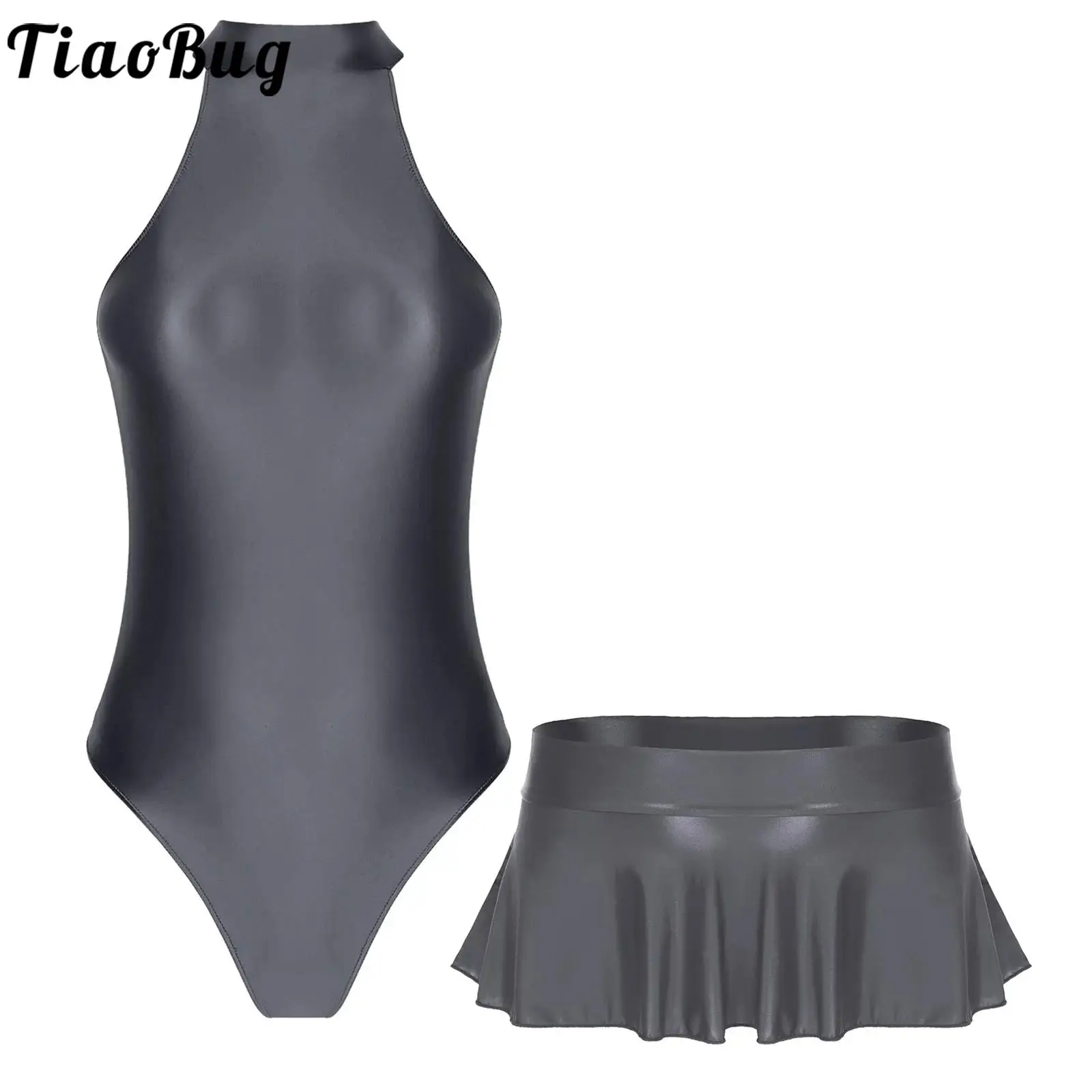 

Женский глянцевый боди без рукавов, купальник с низкой посадкой, мини-юбка с рюшами для купальников, пляжная одежда, вечерние у бассейна, ночное белье