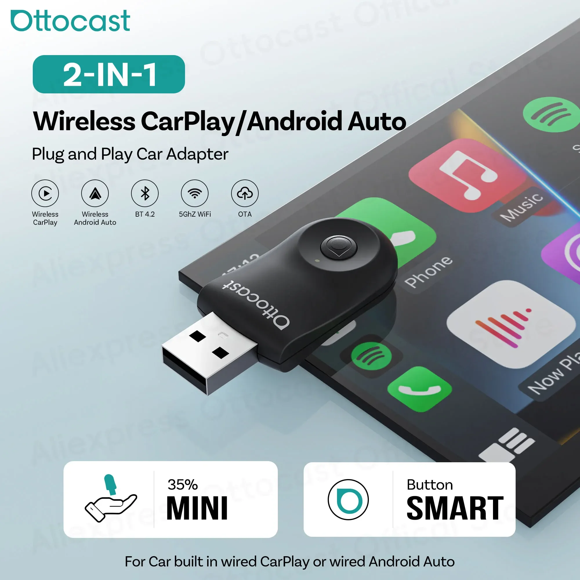 OTTOCAST MINI Wireless Adapter 2 in 1 Car Accessories Wireless CarPlay Android Auto Dongle for Spotify for Toyota Audi Ford VW
