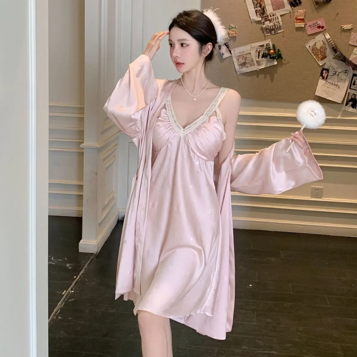 Twinset Abito con cinturino Camicia da notte Indumenti da notte femminili Lingerie Patchwork di pizzo Kimono Accappatoio Set Tentazione estiva Indumenti da notte