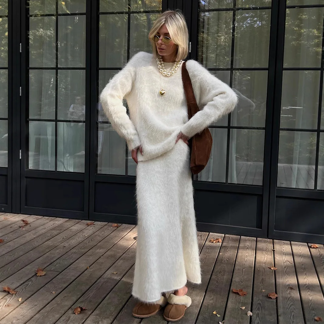 

Women Fuzzy Knit Sweater & Skirt Set Cozy Fluffy 2 Piece Outfit 2025 Fall/Winter Soft Long Sleeve Pullover Maxi Skirt Loungewear