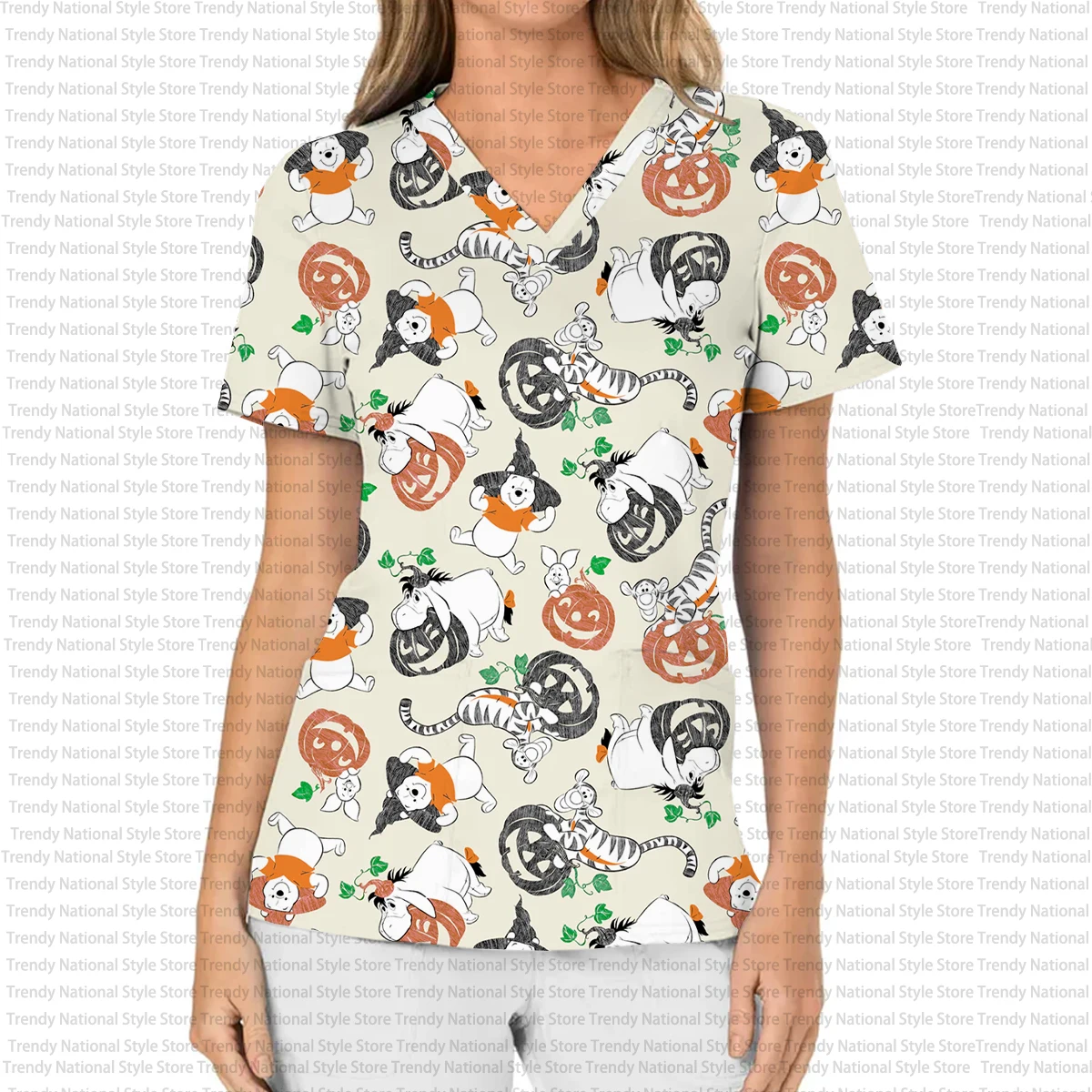 夏のファッションエレガントなディズニーくまのプーさん漫画プリント女性の作業服つや消しトップ V ネックポケット半袖 Tシャツ