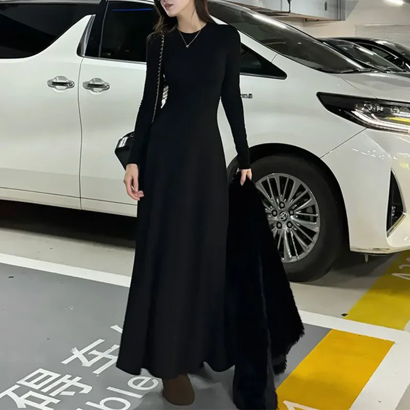 

Korean Fashion Autumn Winner New Dresses Women Solid O-Neck Corset Temperament All-match A-line Slim Loog Sleeve Long Dresses