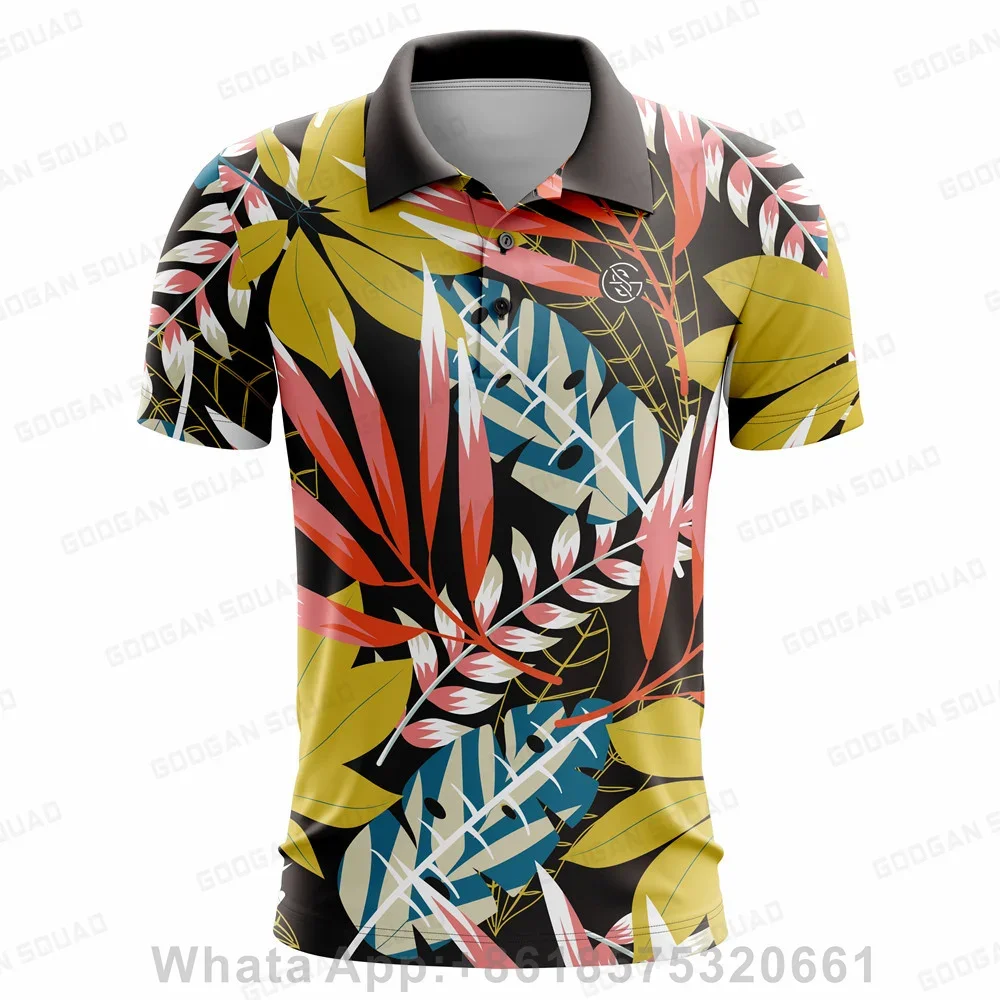 Camisa polo floral masculina de golfe, blusa casual estampada, camiseta de manga curta, camisa polo respirável de secagem rápida, roupa de verão, nova