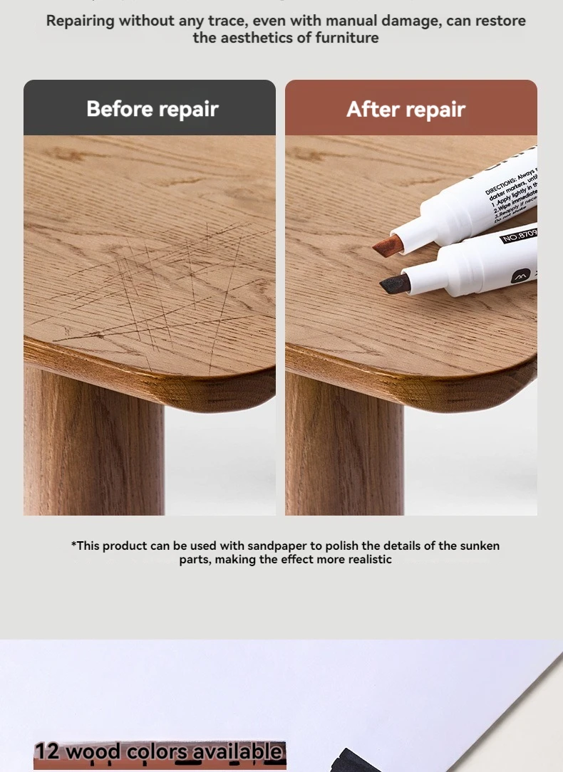 6-12-teiliges Möbel-Reparaturmarker-Set, Holzreparaturstift, Kratzerentferner, Farbauffrischer für Holztische und Schränke – Detail 3