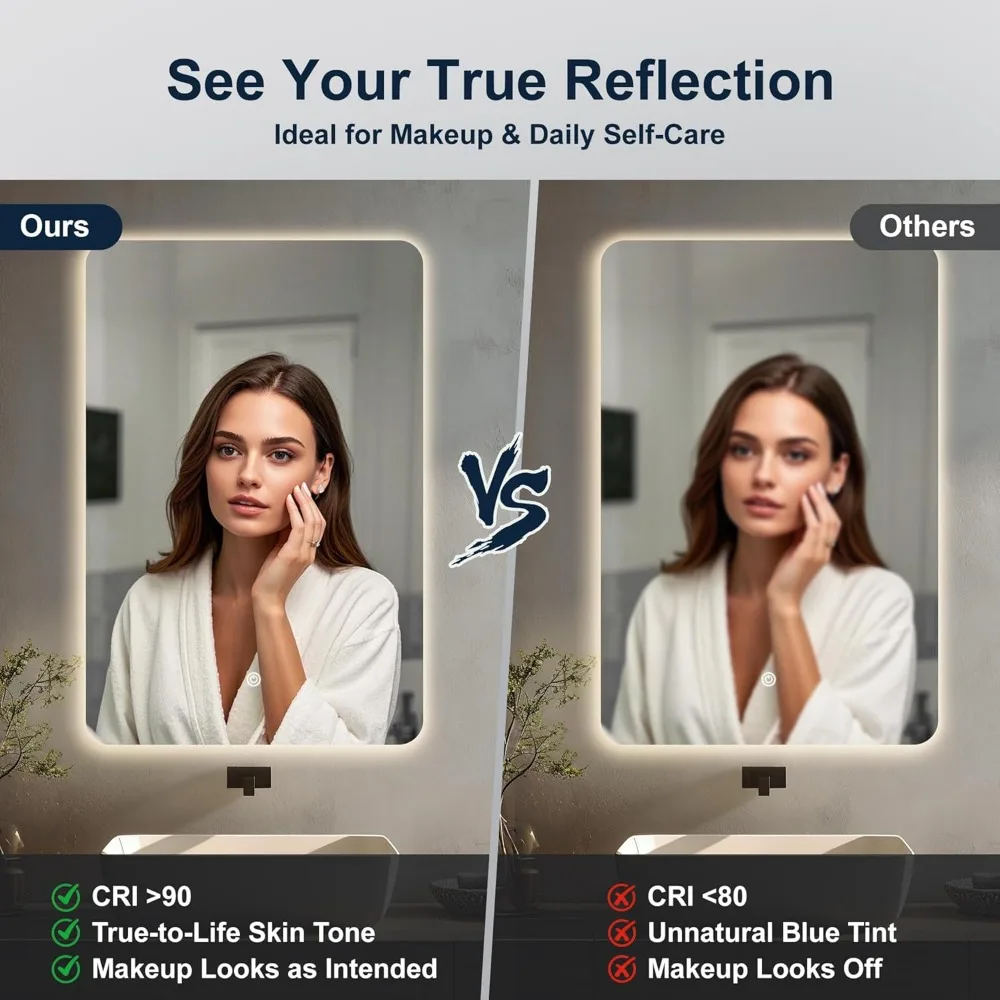 กระจกห้องน้ำ LED ไร้กรอบทรงสี่เหลี่ยมมุมโค้งมน พร้อมไฟที่ปรับความสว่างได้และป้องกันการแตก