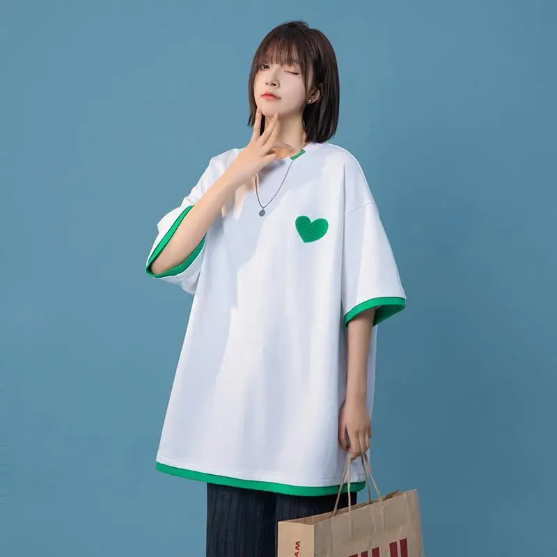 

DAYIFUN Fake Two Piece Women's T-shirt Summer Design Patchwork Color Long Blusas Loose Short Sleeve Oversize Versatile Tops