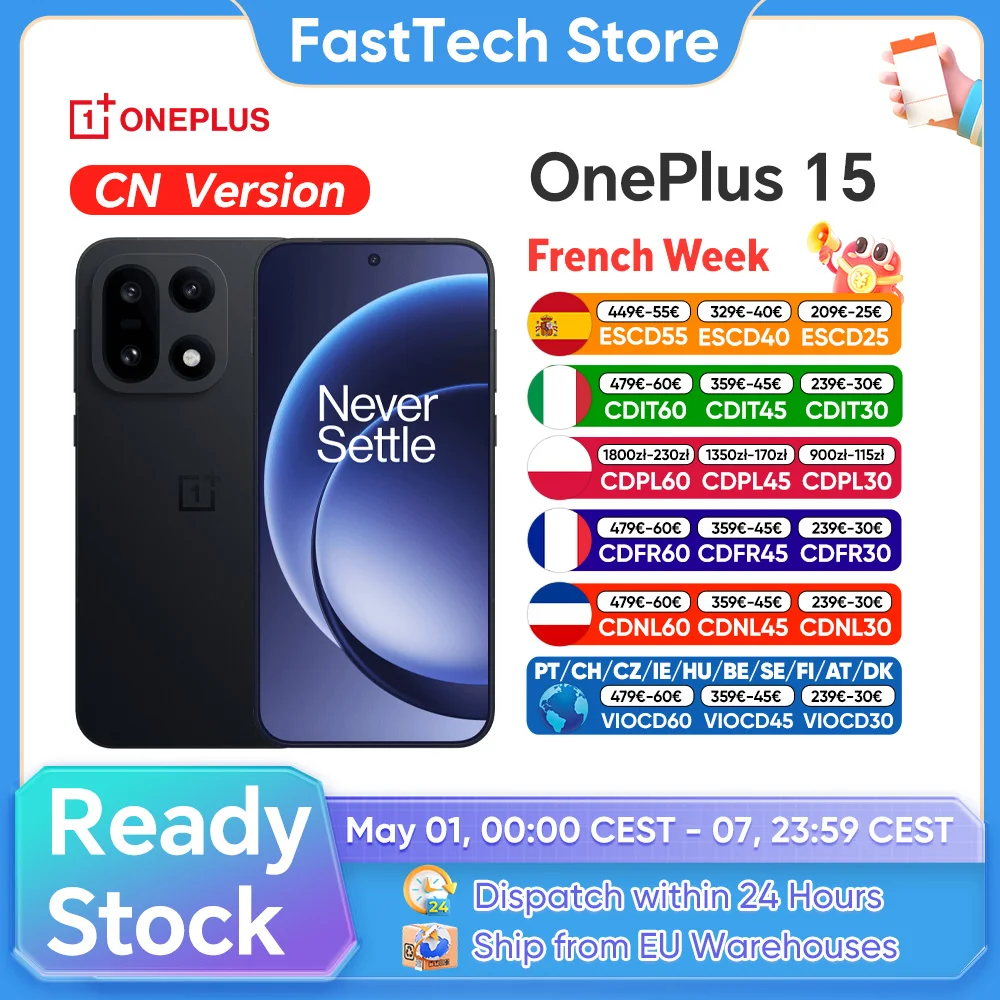 Smartphone OnePlus 15 5G, Snapdragon 8 Gen 5, écran AMOLED 6,78 pouces 165 Hz, 7300 mAh, 120 W, triple appareil photo 50 MP