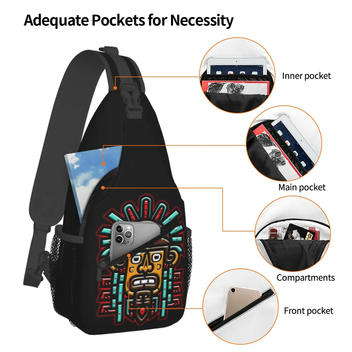 Aztec Mask Face Chest Bag Men Sling Crossbody Backpack Chest Bag Traveling Hiking Daypack Shoulder Bag