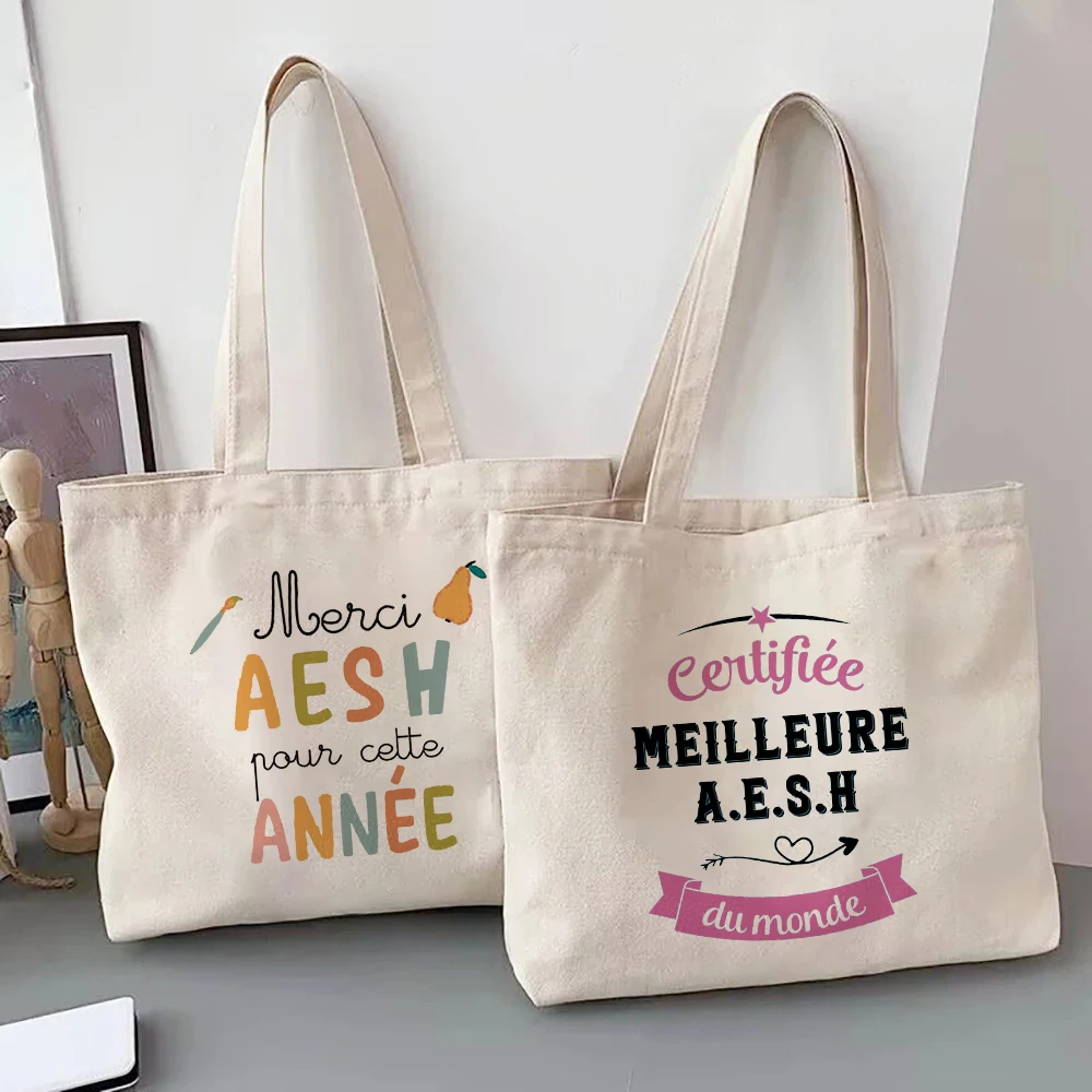 

Merci Aesh French Printed Women Tote Bag Canvas Shopping Bags Female Shoudler Bag Travel Handbag Graduate Thanks Gift for Aesh