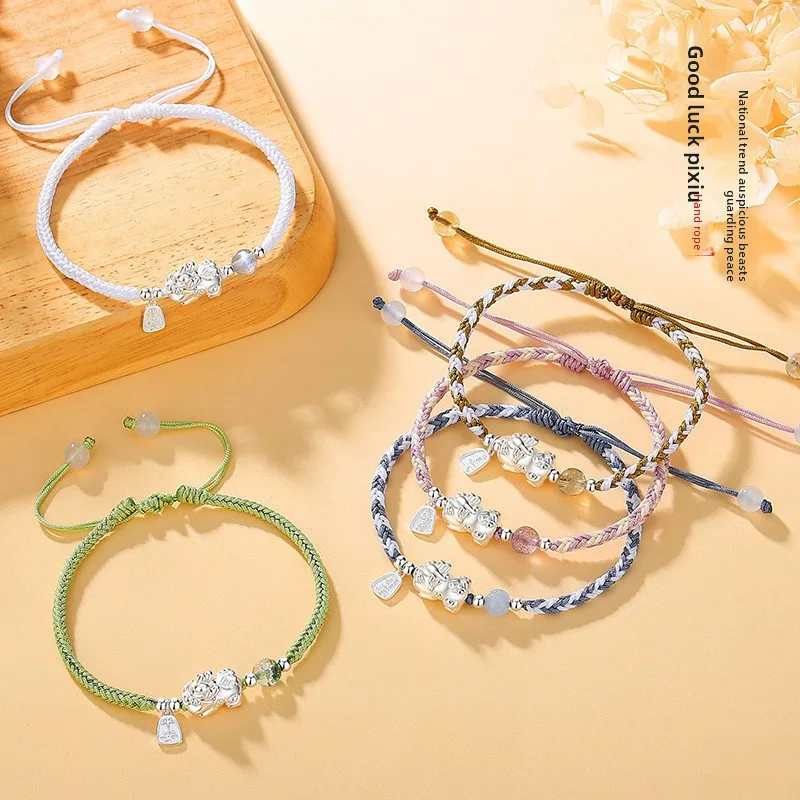 

Женский браслет из чистого серебра S999 Pixiu из плетеной веревки, подвеска в этническом стиле мира и счастья, браслет на удачу для пары, ювелирный подарок