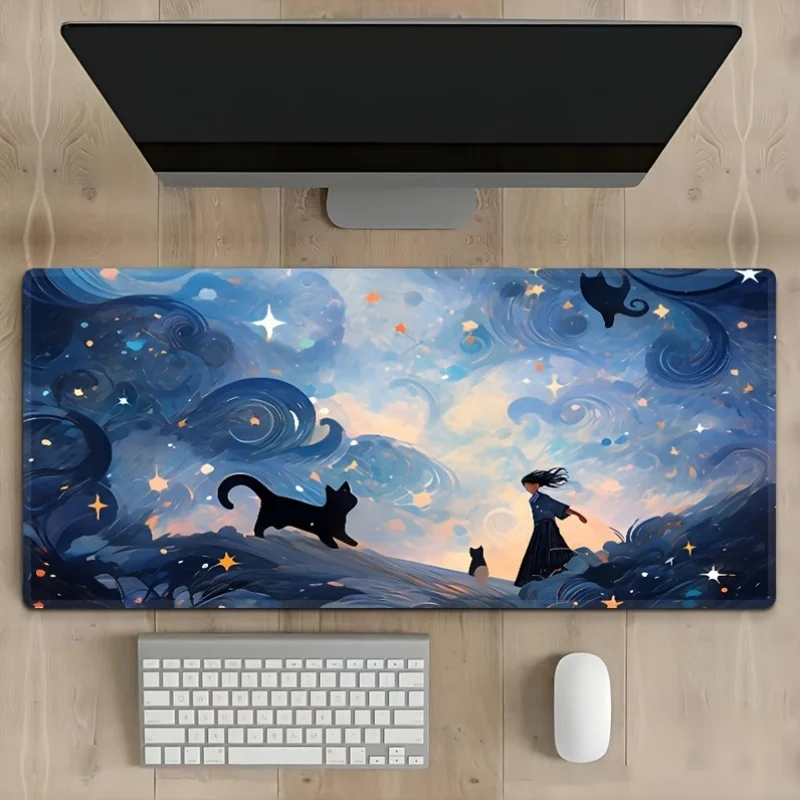Starry Night Witch Girl and Cats Extended Desk Mat Aesthetic Non-Slip Mouse Pad for Office and Gaming