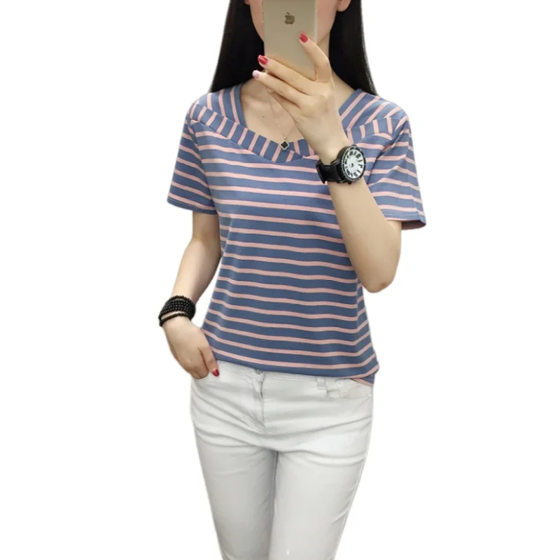 Summer Women's Cotton Short Sleeve T-shirt Plus Size Loose Casual Bottoming Shirt Fashion Striped V-neck Half Sleeve T-shirt