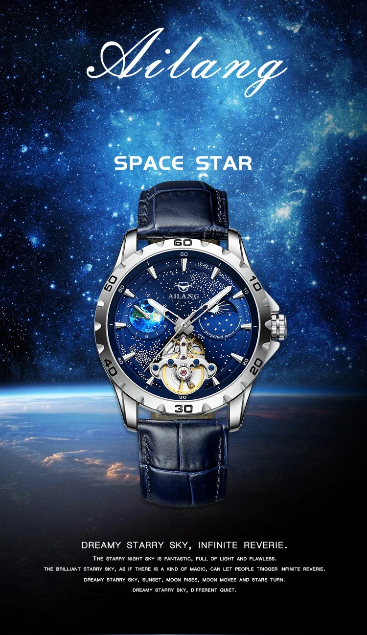 AILANG 2025 New Original Men's Starry Sky Design Watches Luxury Automatic Mechanical Waterproof Moon Phase Wrist Watches