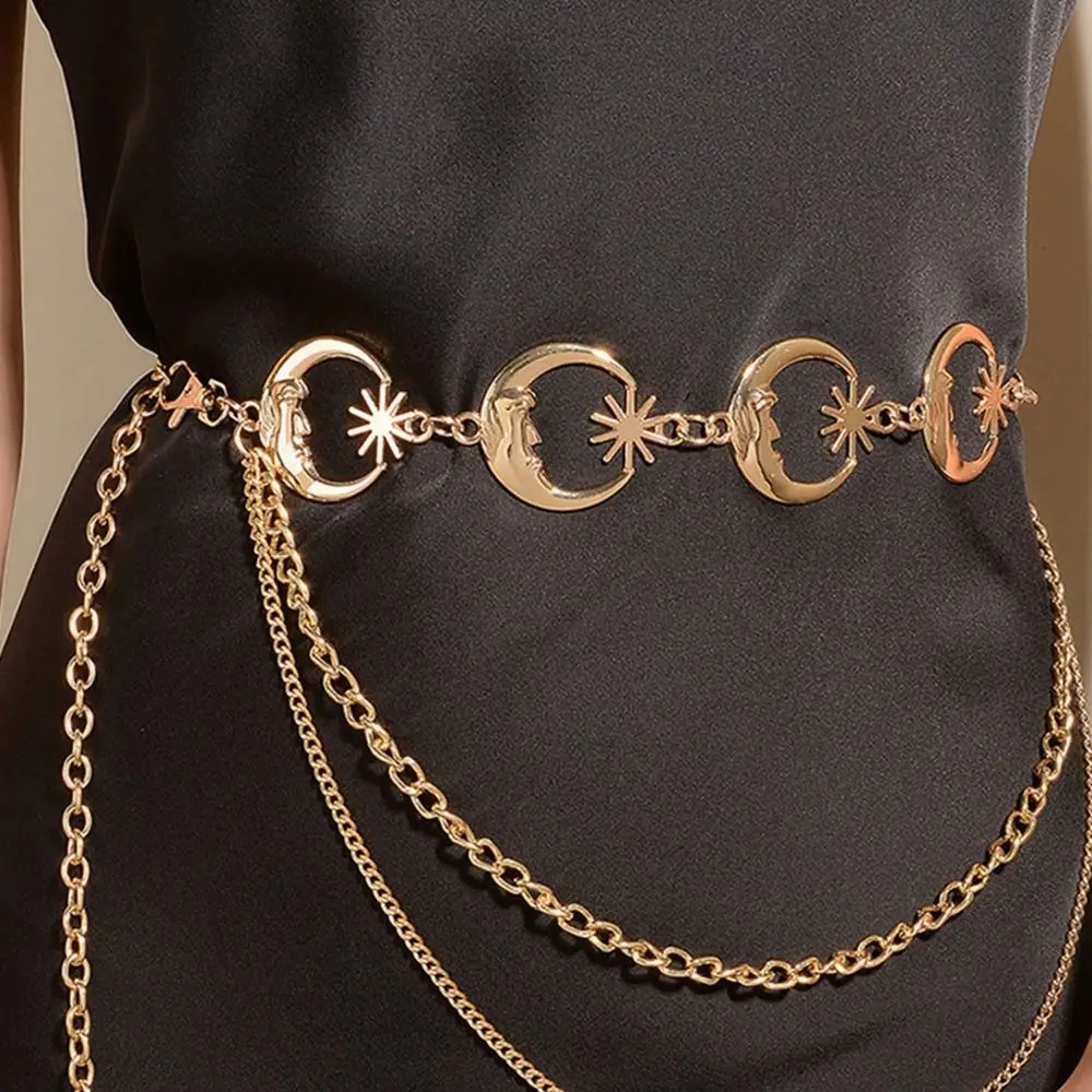 

Ladies Hip Hop Style Metal Womans Layered Belt Punk Waist Chain Moon Star Waistband Dress Cummerbands