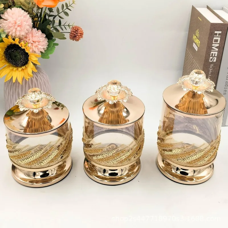 European Metal Jewelry Box with Lid High Leg Glass Candy Jar Table Top Gold Plated Coffee Beans Dried Fruit Snack Storage Bottle