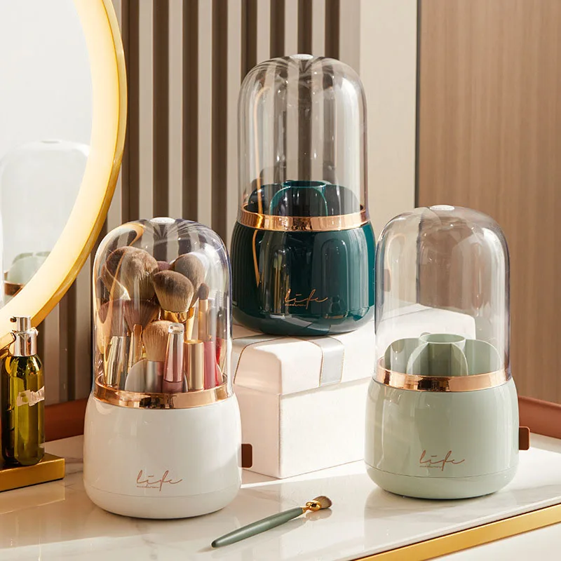 Makeup Brush Holder Storage Box with Lid 360 Degree Rotating Dustproof Makeup Brush Storage Box Suitable for Dressing Table Ligh