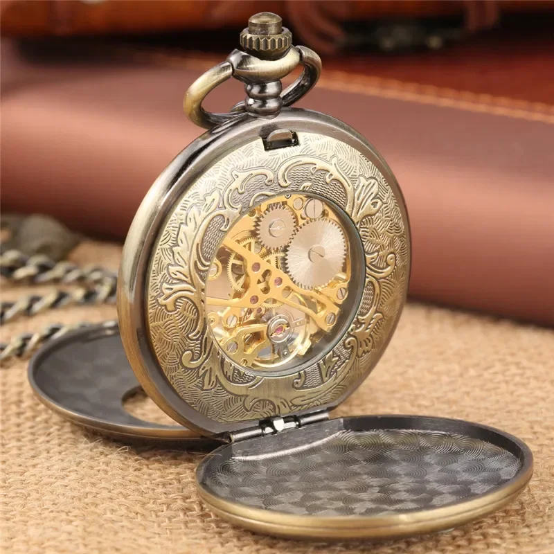 Bronze Steampunk Skeleton Pocket Watch Carving Roman Numbers Men Women Hand Winding Mechanical Clock FOB Pendant Chain Gift