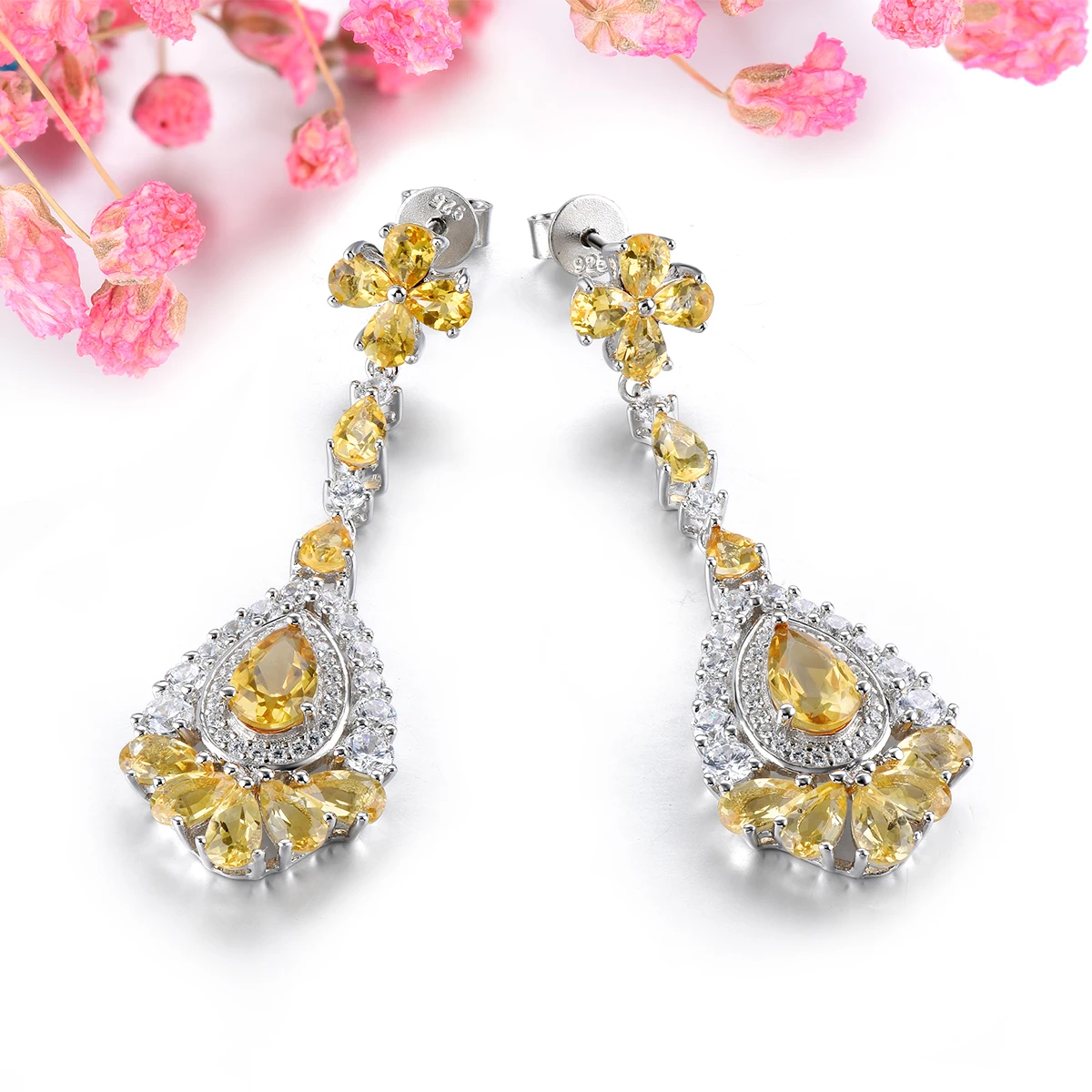Natural Citrine Sterling Silver Women\'s Earring 5 Carats Genuine Gemstone Women Romantic Exquisite Style Engagement Wedding
