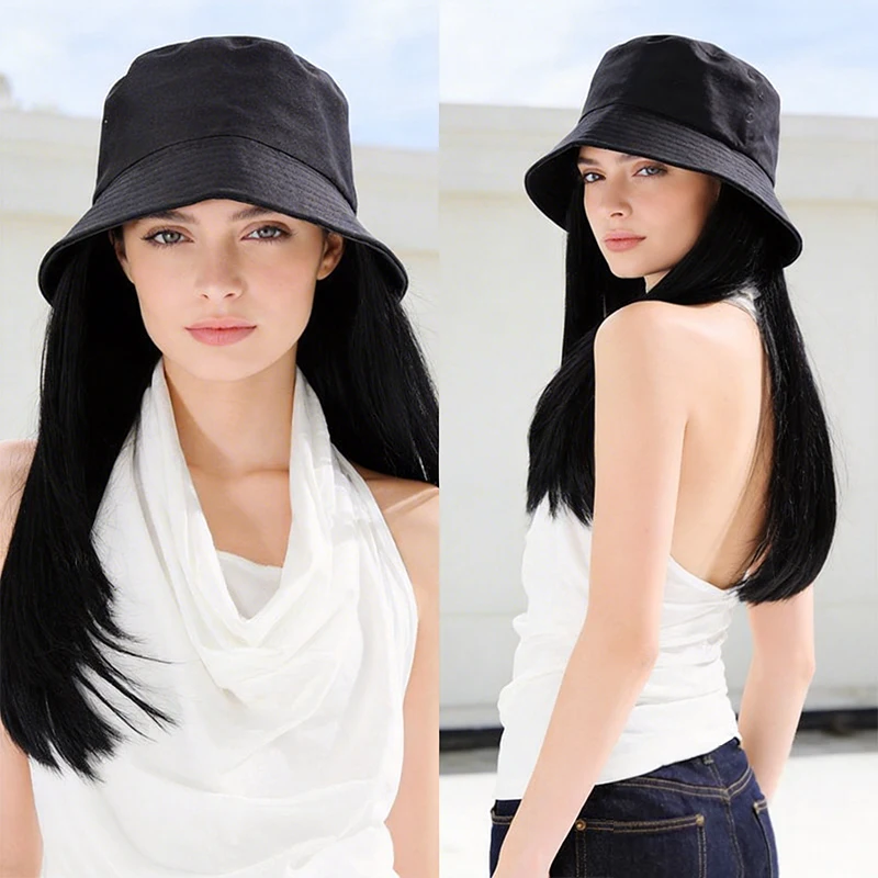 Sombrero tipo pescador negro con protección solar y pelo sintético rizado hacia adentro, accesorio de una pieza cómodo y práctico para mujer