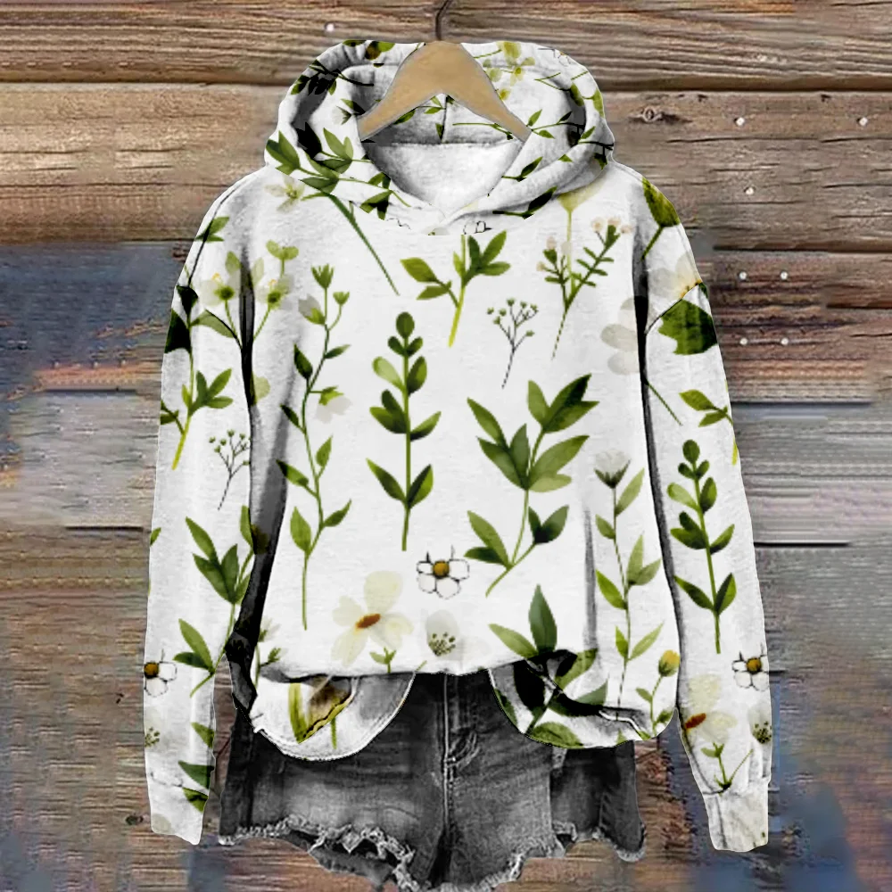 Women Hoodie Sprig and Flowers Fashion Pullover Harajuku Tracksuit Casual Streetwear