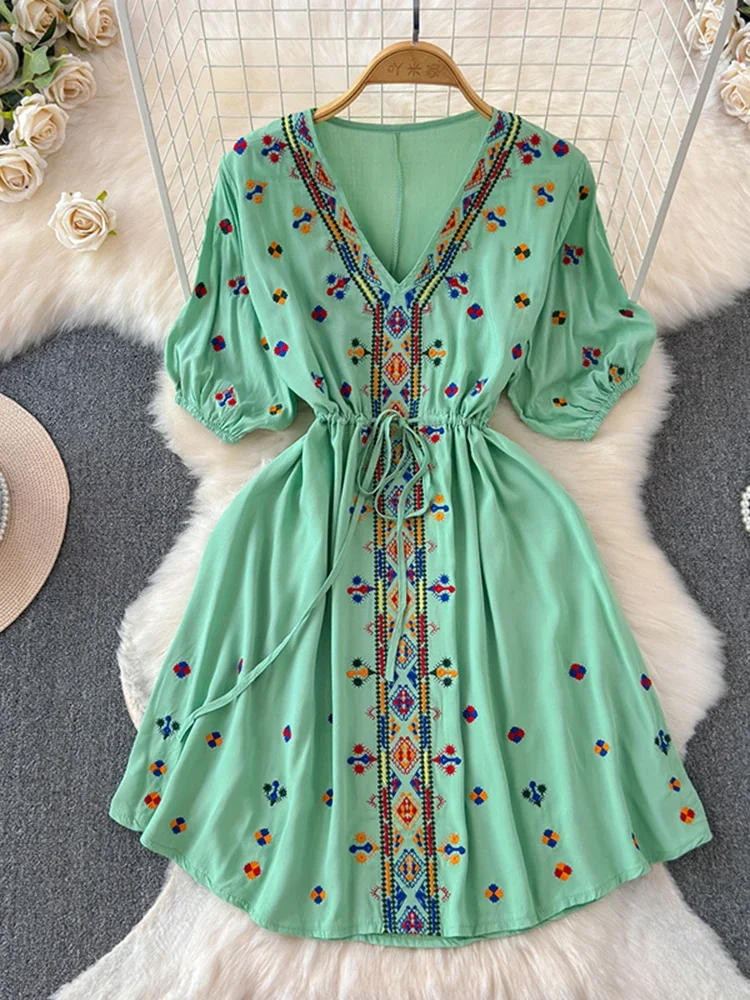 Ethnic Style Dress Summer New Style Embroidered Drawstring Mini Dress Bohemian Beach Dress A109