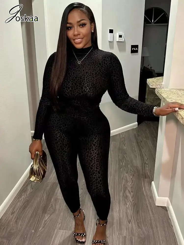 Joskaa Sexy Mesh Flocking Black Jumpsuit Women Stunning See Through Long Sleeve Skinny One Piece Overalls 2024 Night Club Outfit