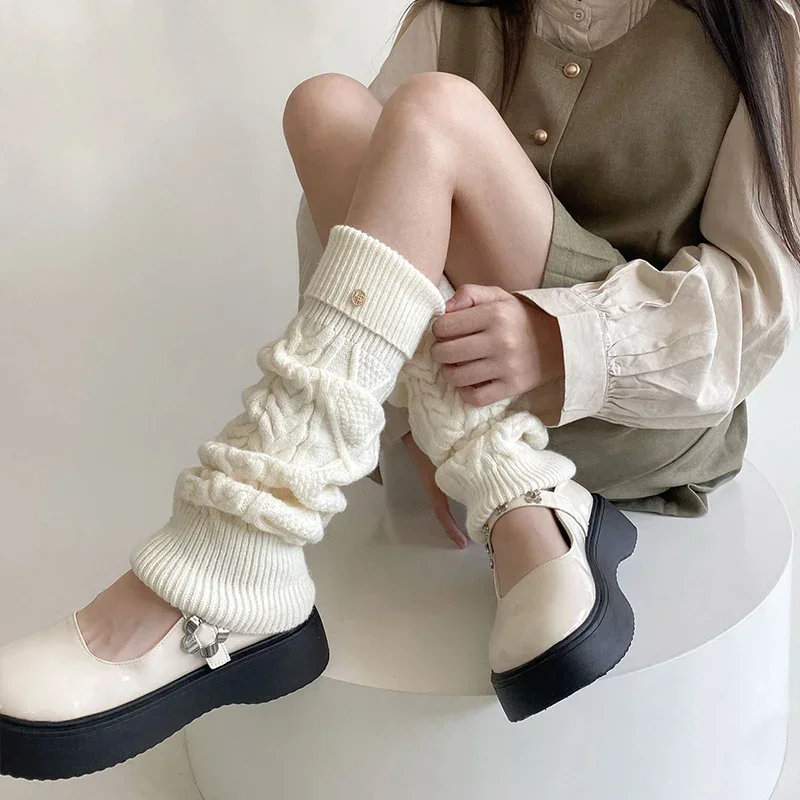 

Korea Wool Knitted Leg Warmers Metal Label Women Calf Socks Vintage Winter Y2K Japanese Harajuku Pile Long Socks Leg Covers