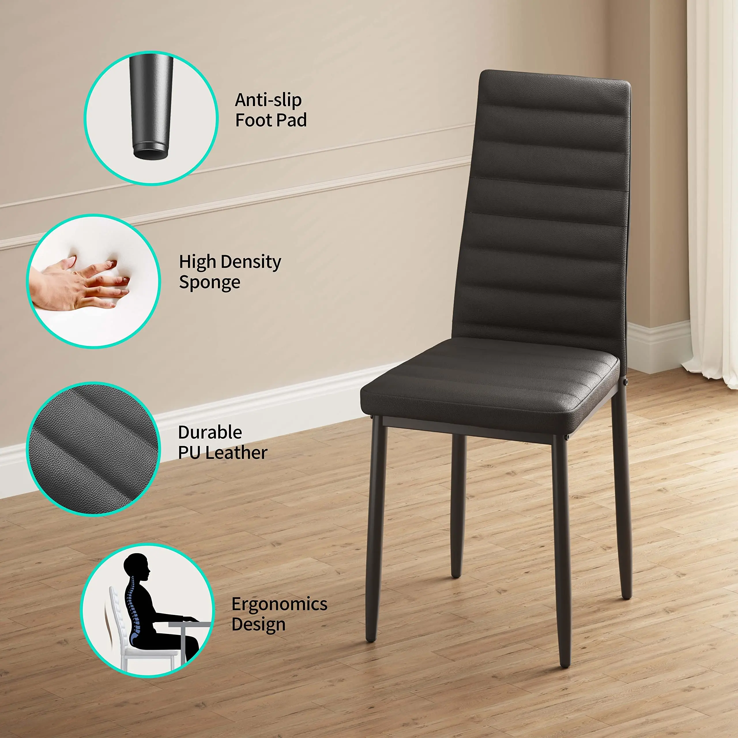 5-Piece Glass Dining Set, Modern Kitchen Table Furniture for Dining Room Kitchen 4 Upholstered PU Chairs  Metal Steel Frame