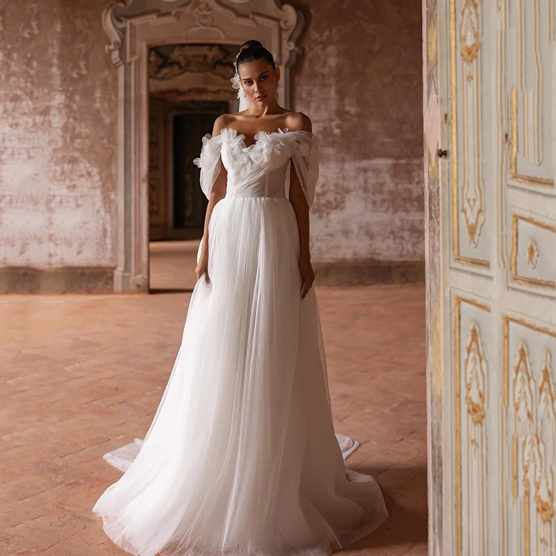 

Eightree Boho Beach A-Line Wedding Dresses Sweetheart Flower Tulle Evening Bridal Dress White Wedding Ball Prom Gowns Customized