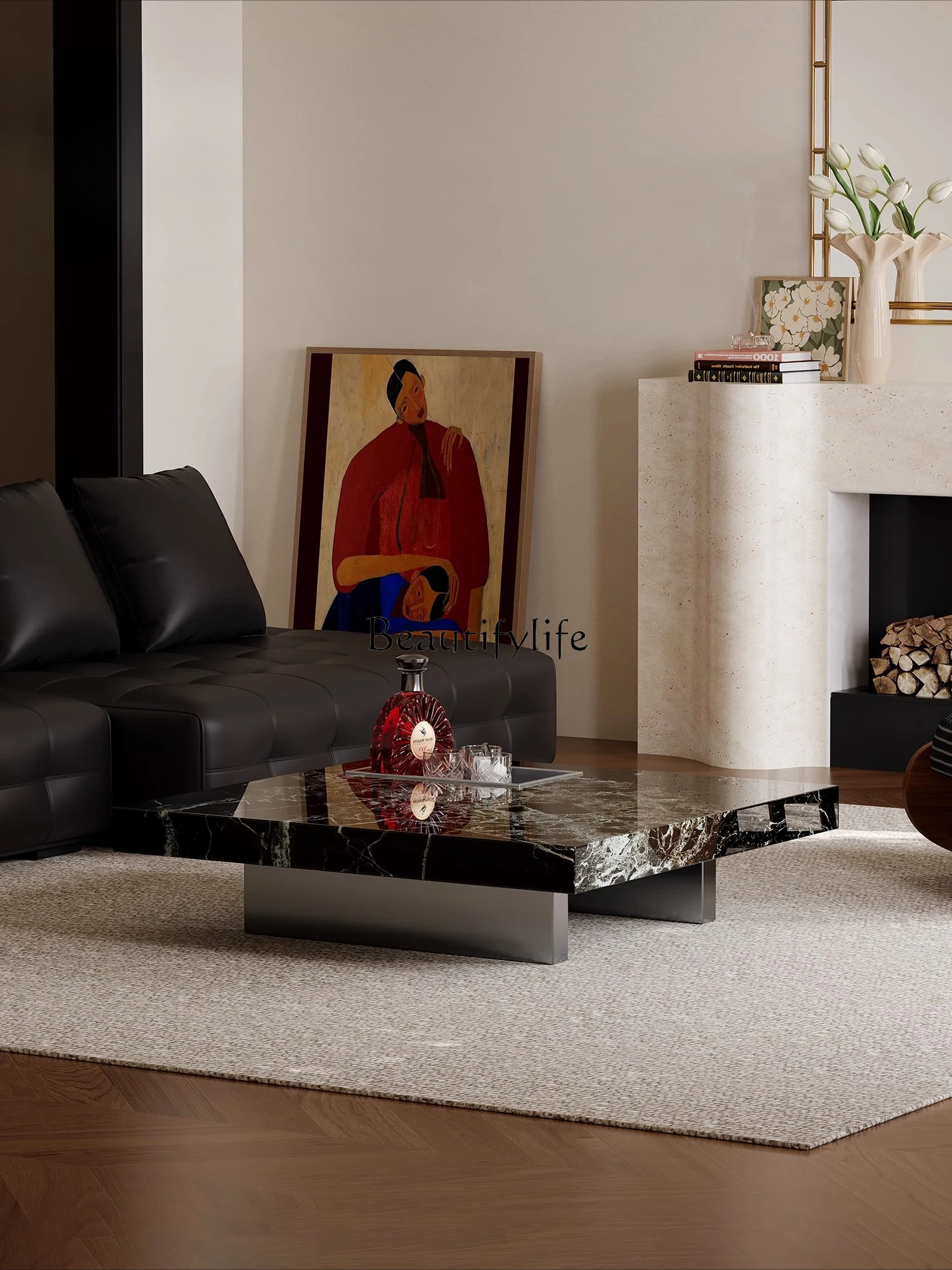 

Luxury stone box coffee table villa living room household Italian minimalist high-end light luxury high-end square coffee table