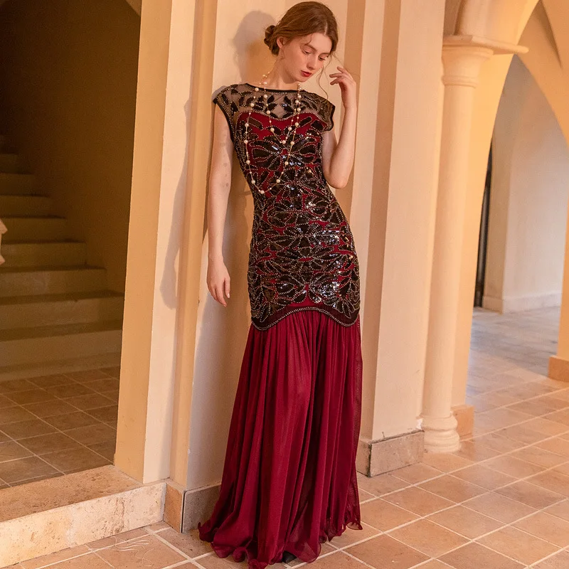 

Sexy Long Evening Gown with Beads Netting And Sparkling Sequins for Formal Parties Retro Sle Wedding Dr Host Dr