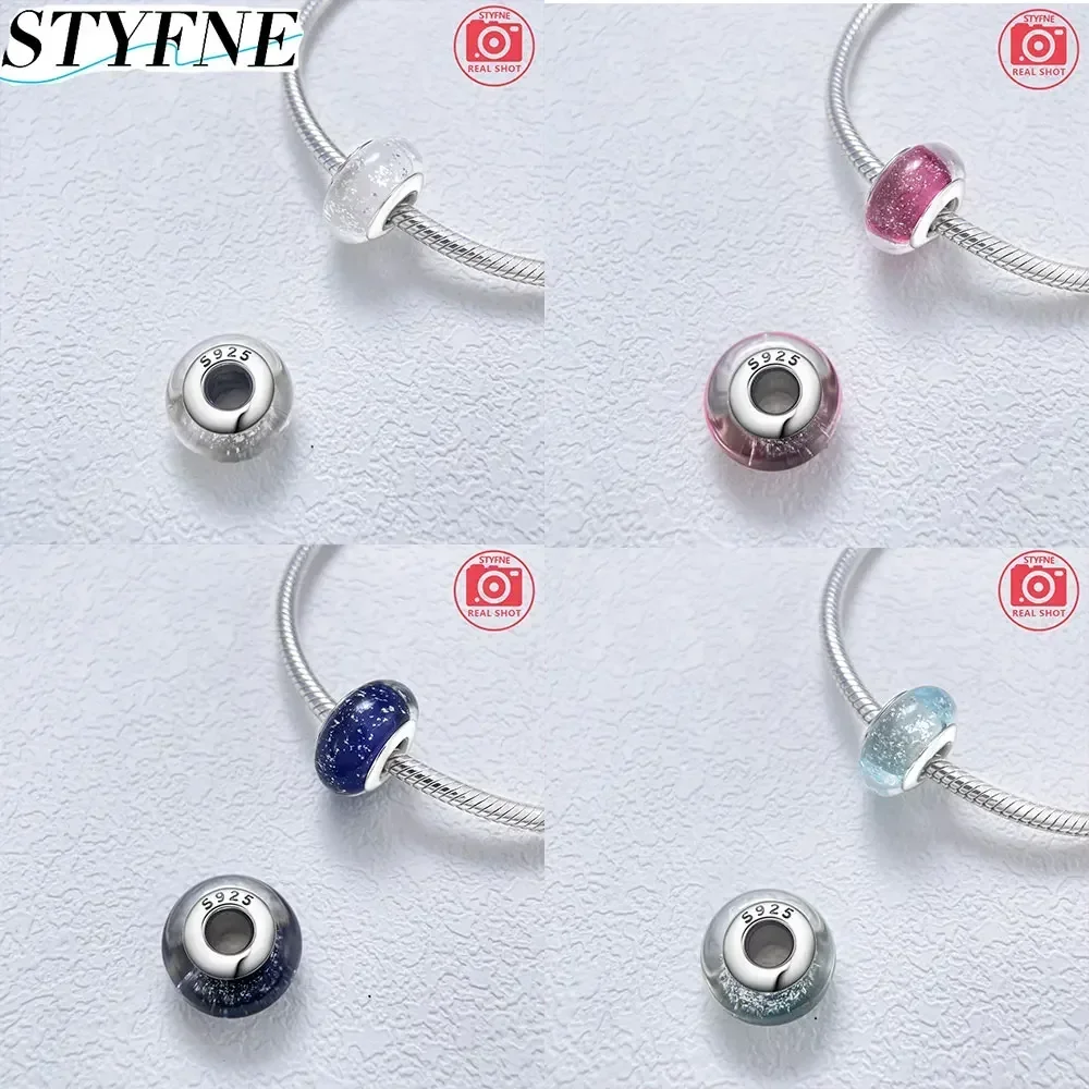 Original Sterling Silver 925 Shiny Color Mini Murano Solid Frosted Matte Glass Bead Bracelet for Women DIY Fine Jewelry Making