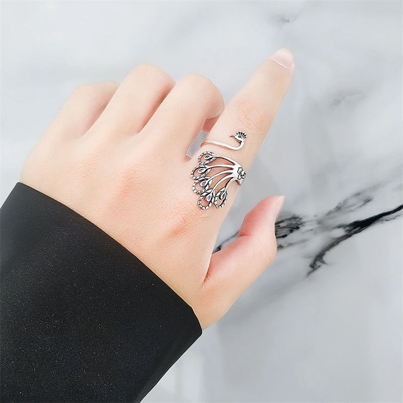 WYEAIIR Vintage Creative Art Peacock Thai Silver 925 Sterling Silver Resizable Opening Ring For Women Luxury Jewelry