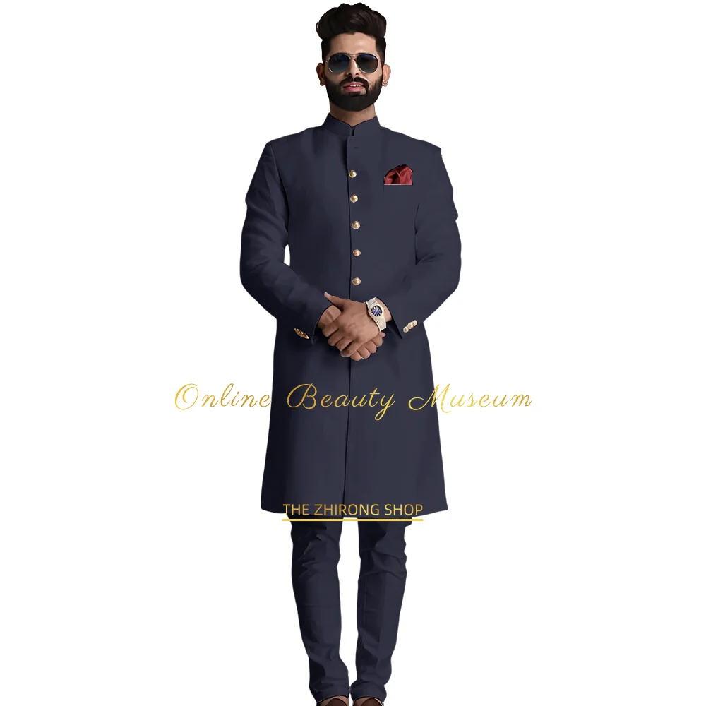 Indian and Arabian Style Men\'s 2-piece Suit | Long Coat with Golden Buttons | Traditional Wedding Wear | Perfect for Groom