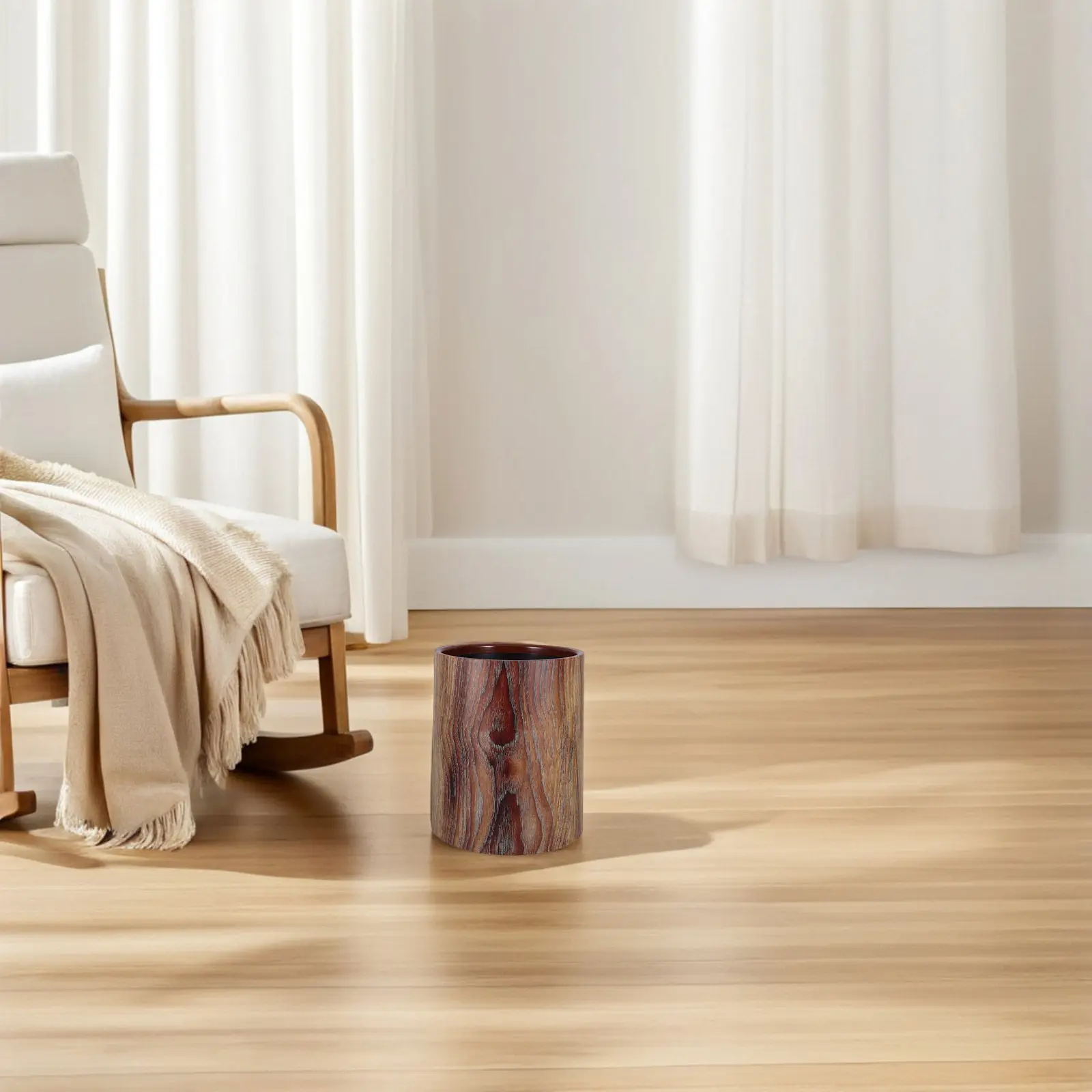 8L Open Top Vintage Trash Can Chinese Design Imitation Wood Grain Finish Decorative Garbage Bin for Office Home Bedroom Living