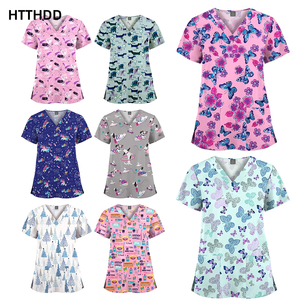 Printed Women Hospital Short Sleeve Scrub Tops Medical Nursing Scrub Uniforms Tops Feminist Shirt Beauty Salon Pet Store Uniform